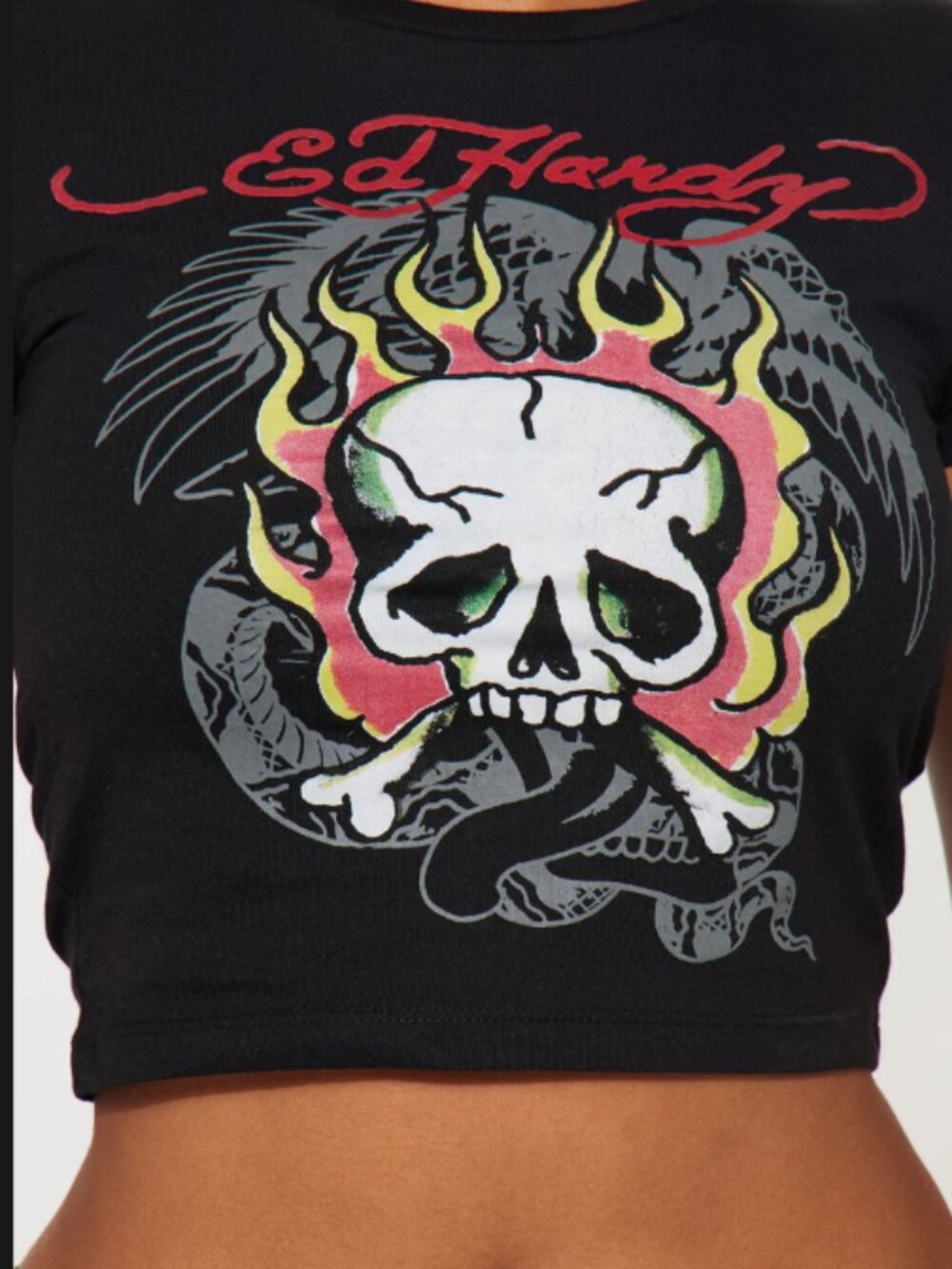 Vintage Ed Hardy Skull Flames Crop Top Tee Black Y2K Tattoo Graphic S
